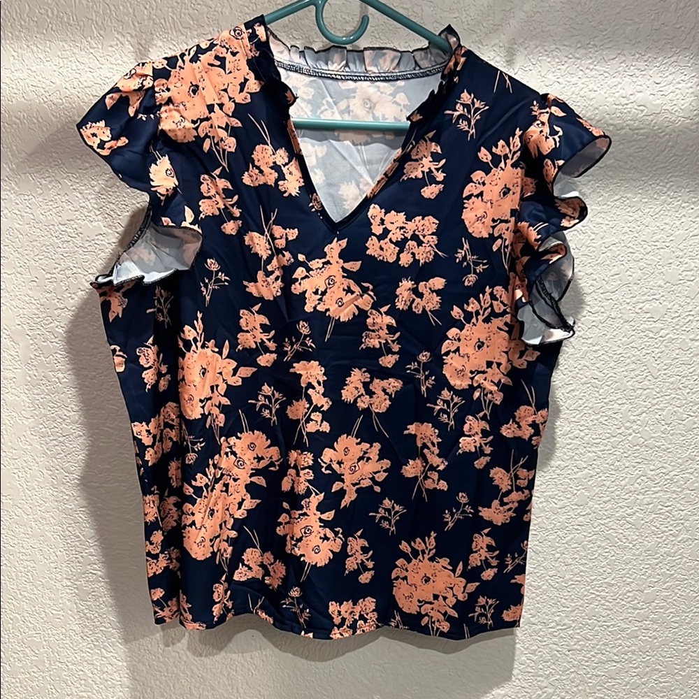 SHEIN Blue and Orange Flutter Sleeve Ruffled Blouse